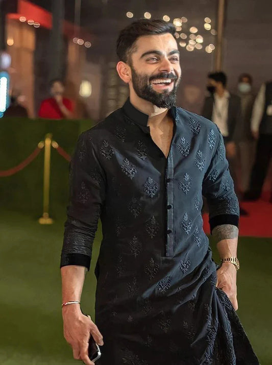 Virat Kohli's Signature Style Embroidered Black Wedding Kurta