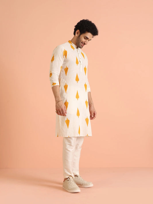 Men Yellow White Printed Haldi Kurta