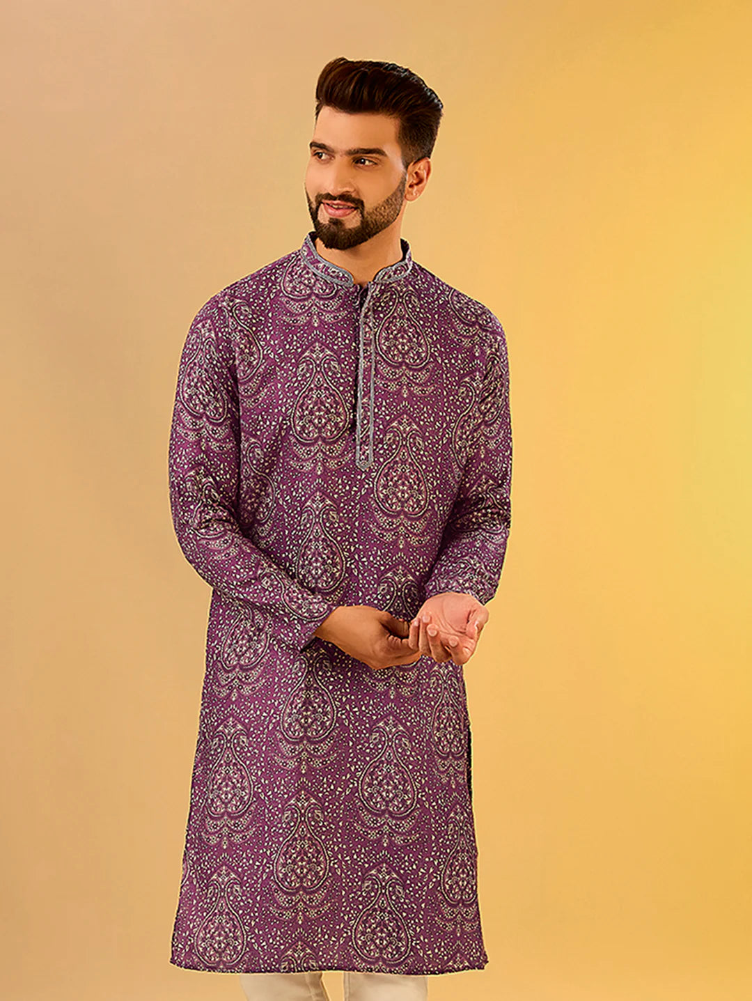 Men Burgundy Printed Kurta