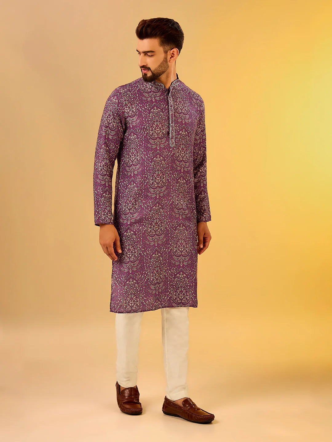 Men Burgundy Printed Kurta