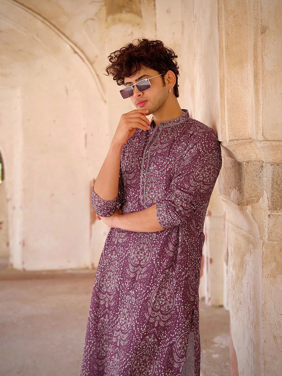 Men Burgundy Printed Kurta