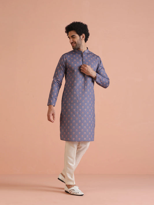 Men Grey Digital Print Men's Kurta