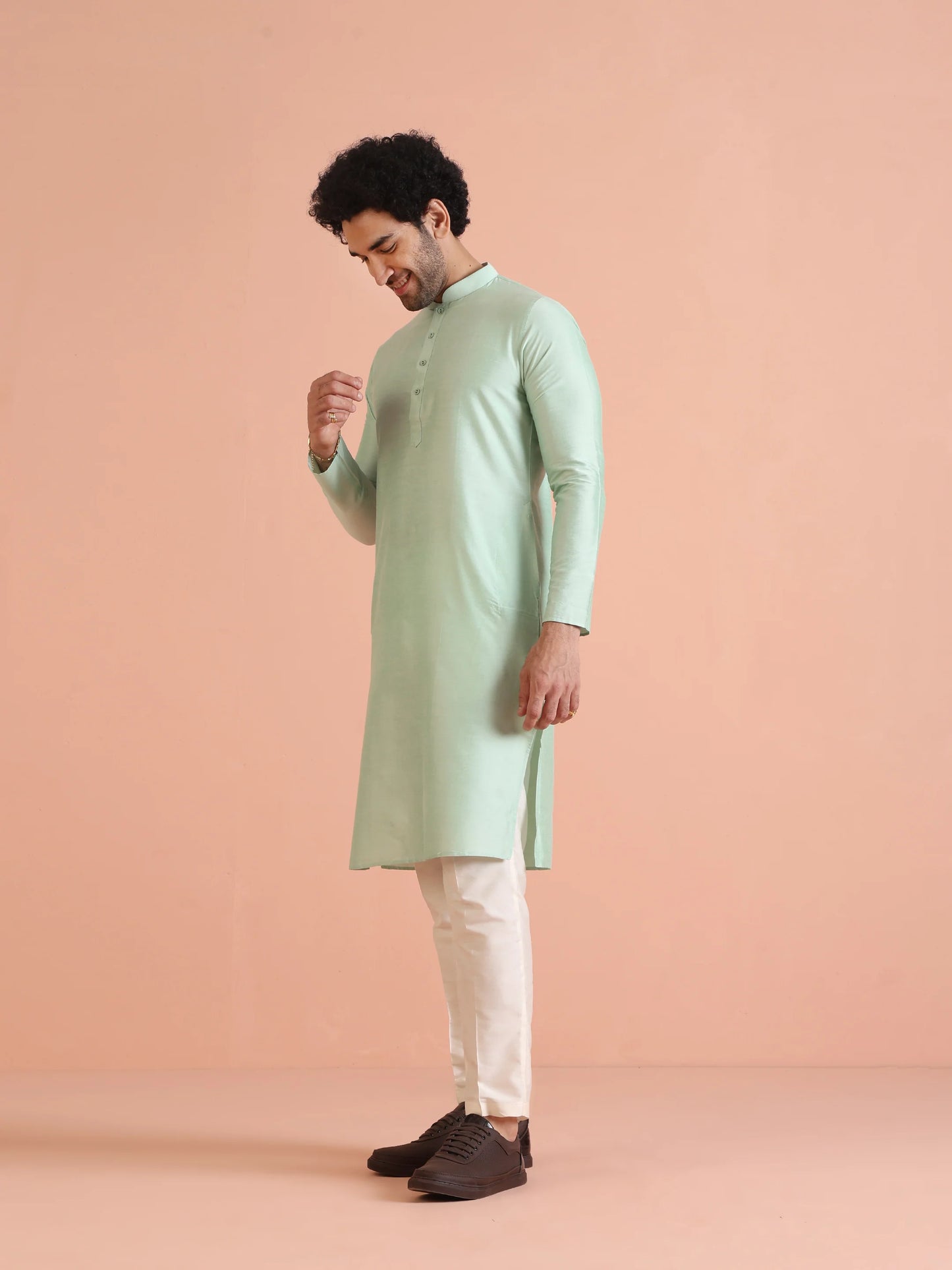 Men Green Plain Kurta