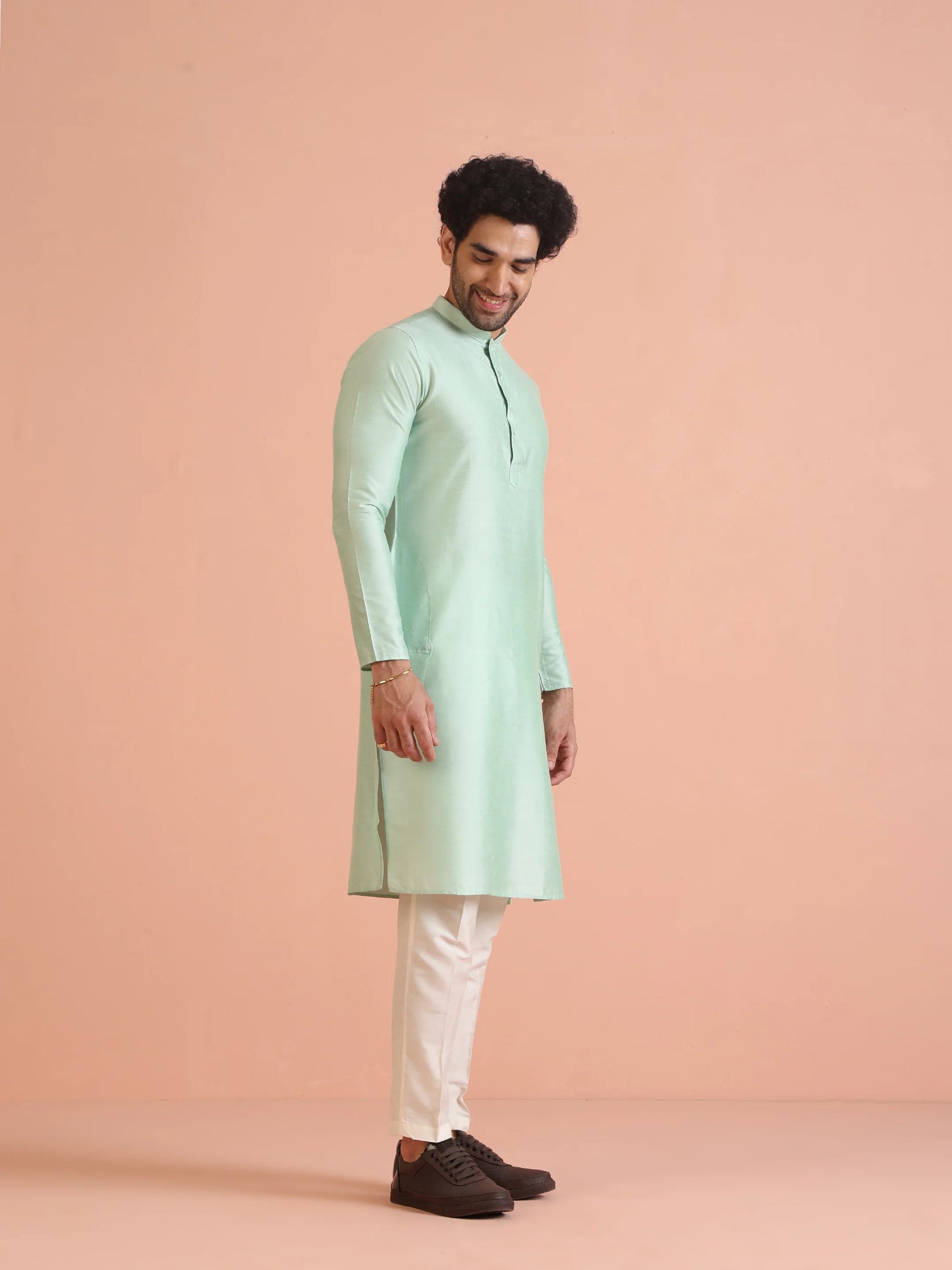 Men Green Plain Kurta