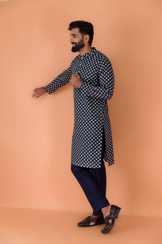 Navy Blue Printed Kurta For Men