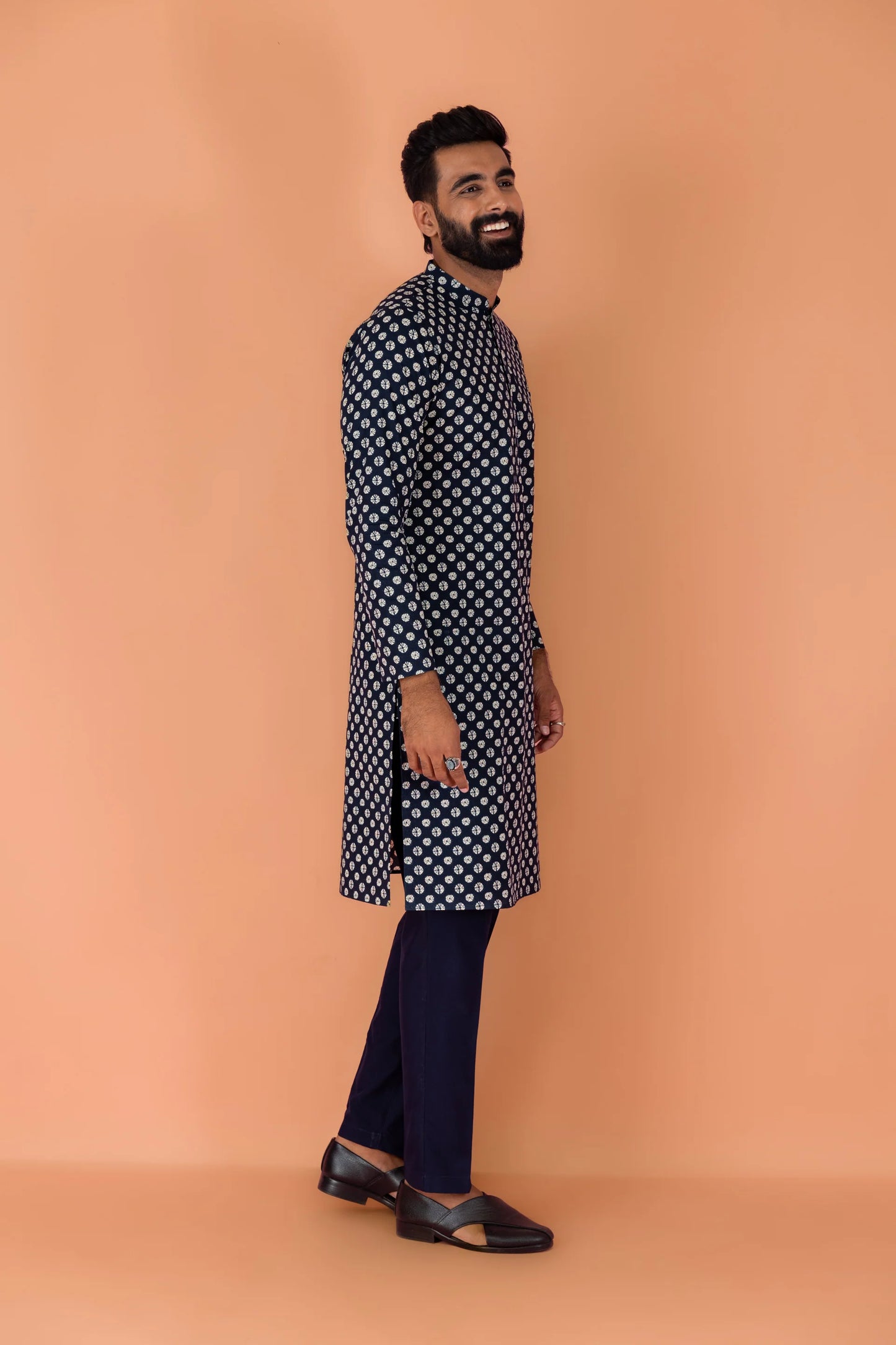 Navy Blue Printed Kurta For Men