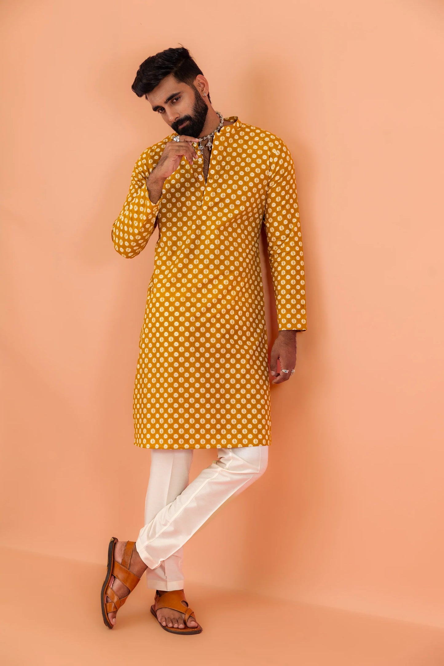 Men Mustard Printed Ethnic Haldi Kurta