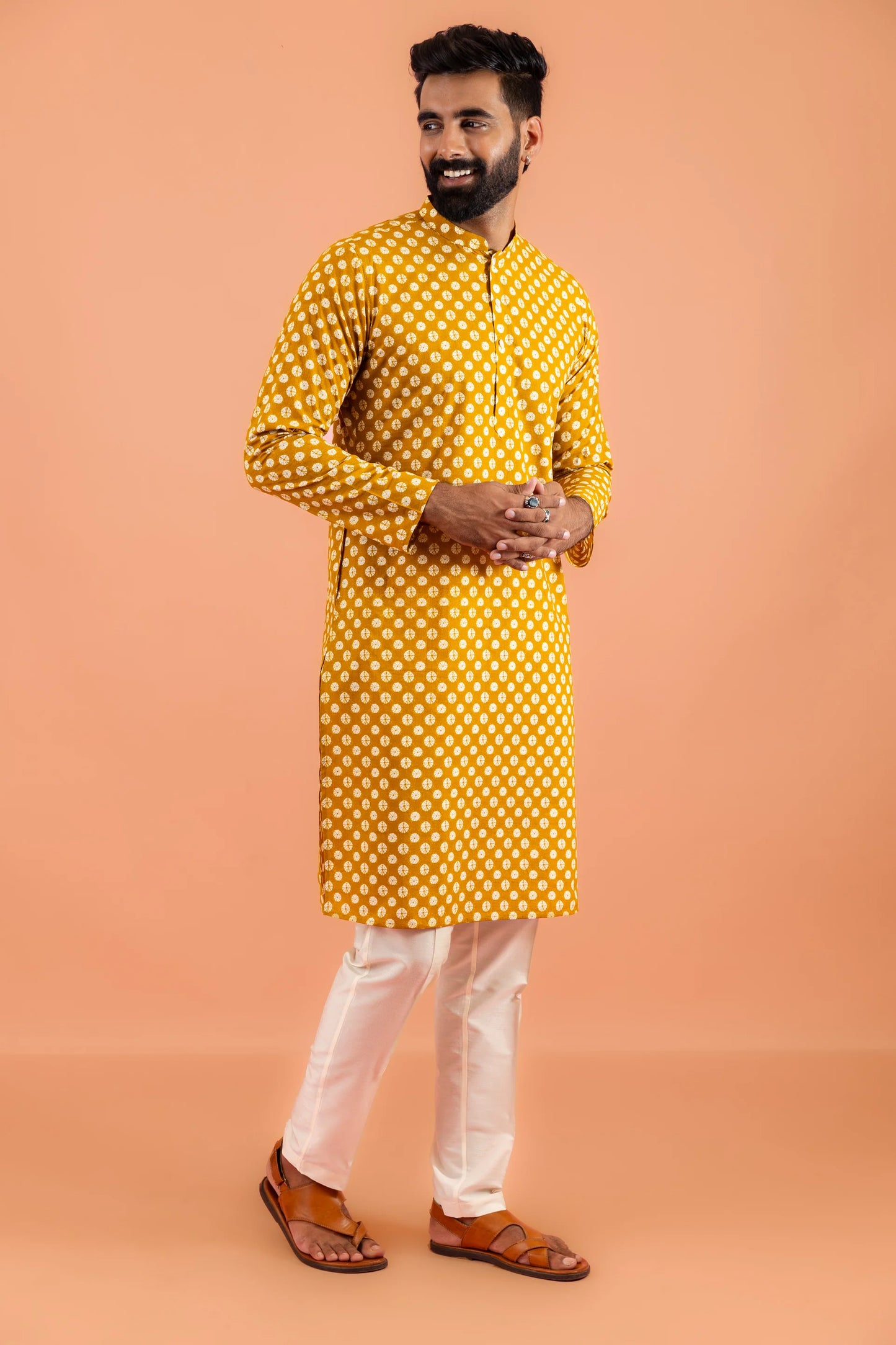 Men Mustard Printed Ethnic Haldi Kurta