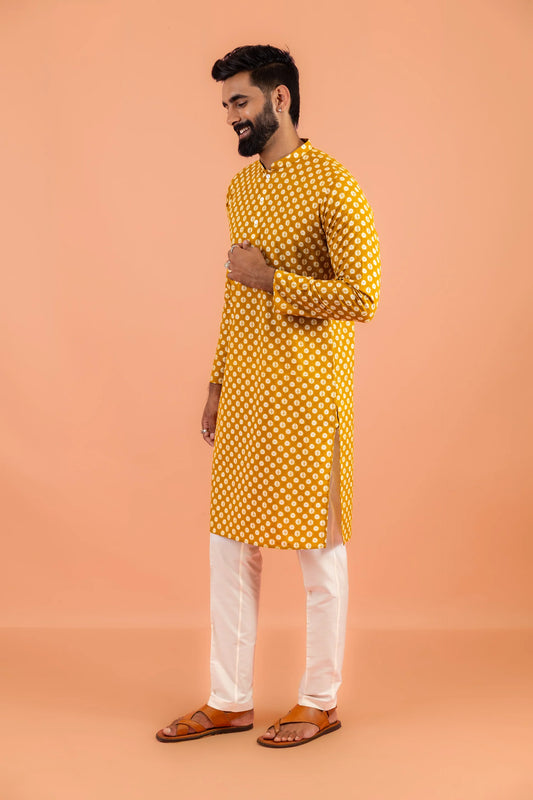 Men Mustard Printed Ethnic Haldi Kurta