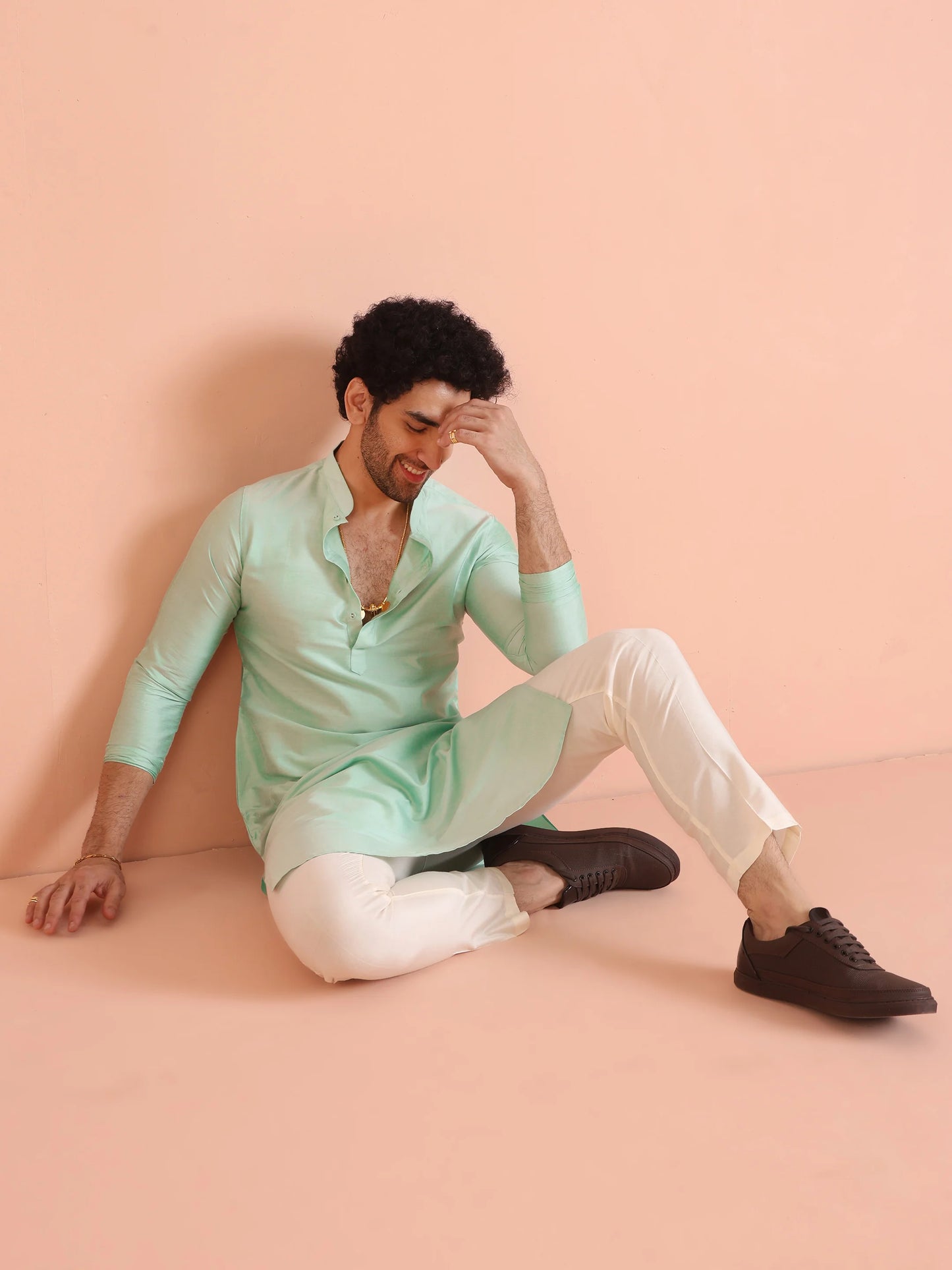 Men Green Plain Kurta