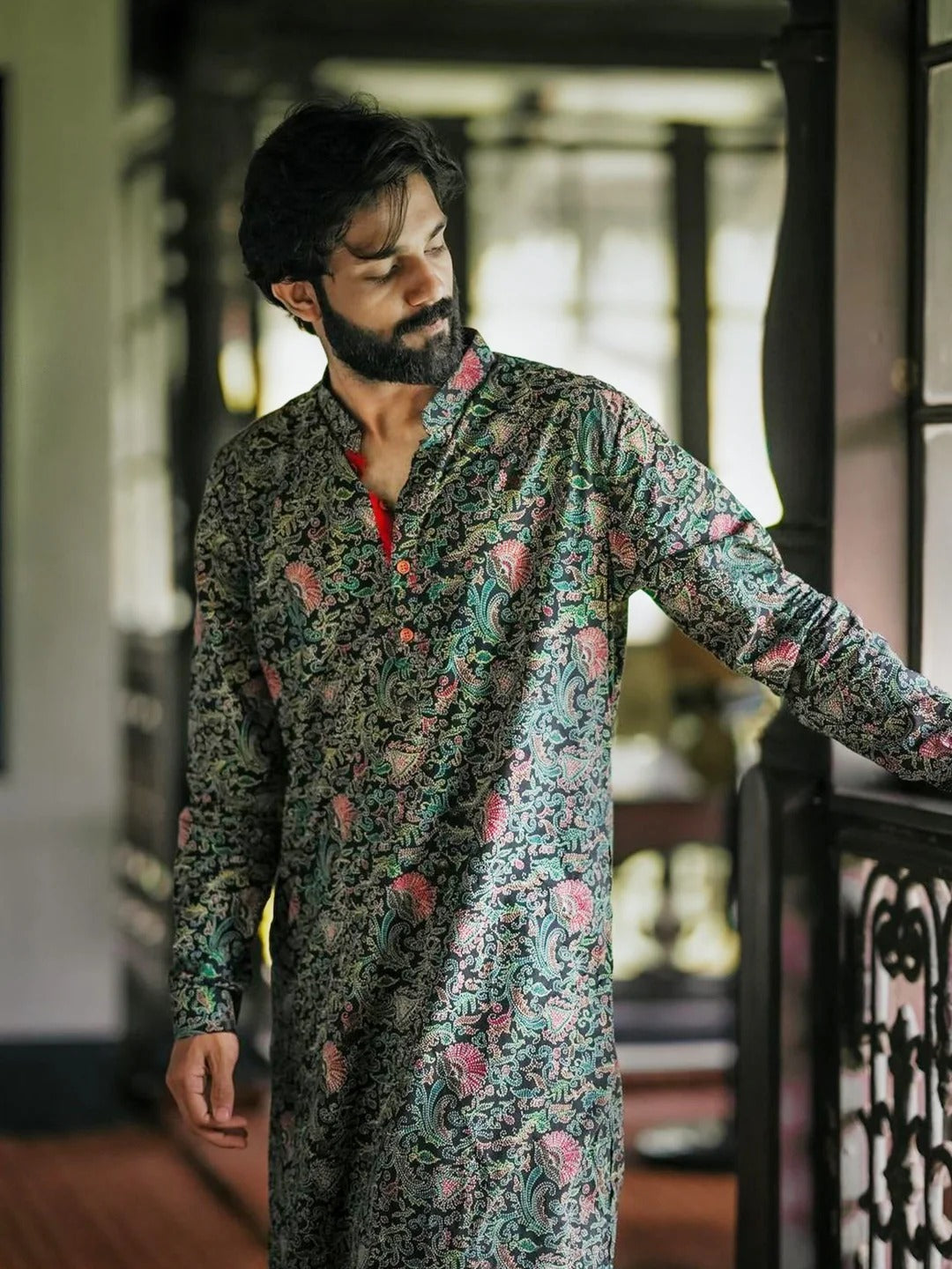 Men Black Printed Cocktail Party Kurta