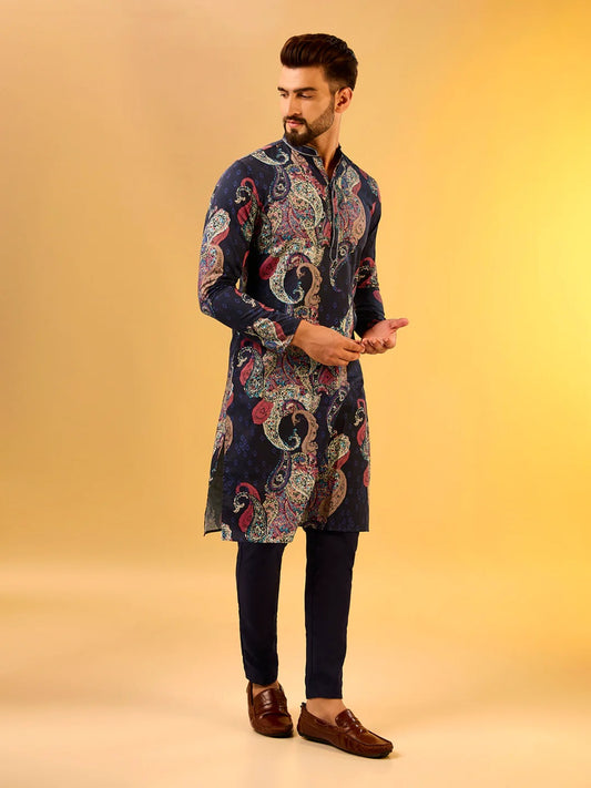 Men Black Printed Party Wear Kurta