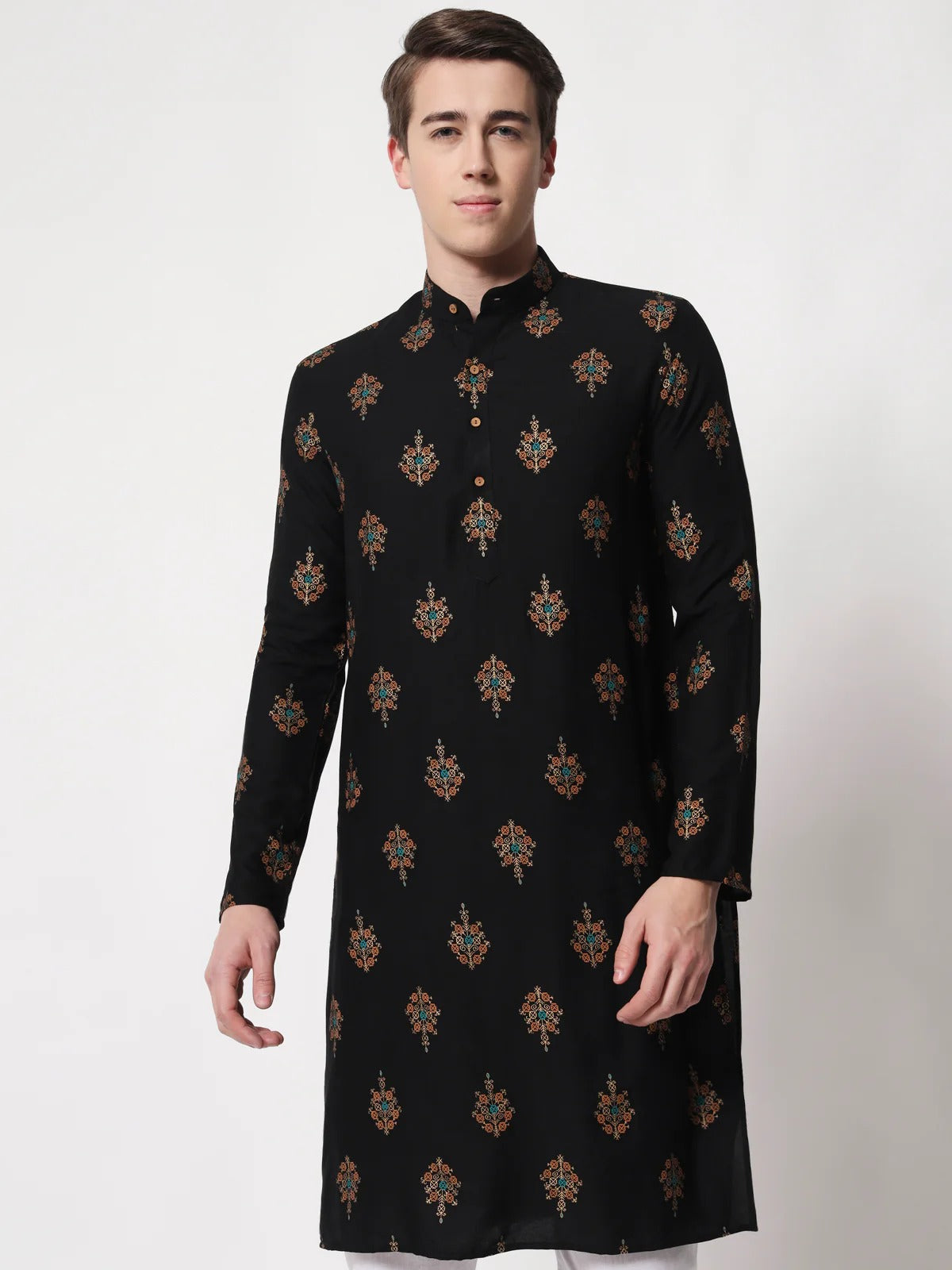 Black Printed Wedding Wear Men's Kurta