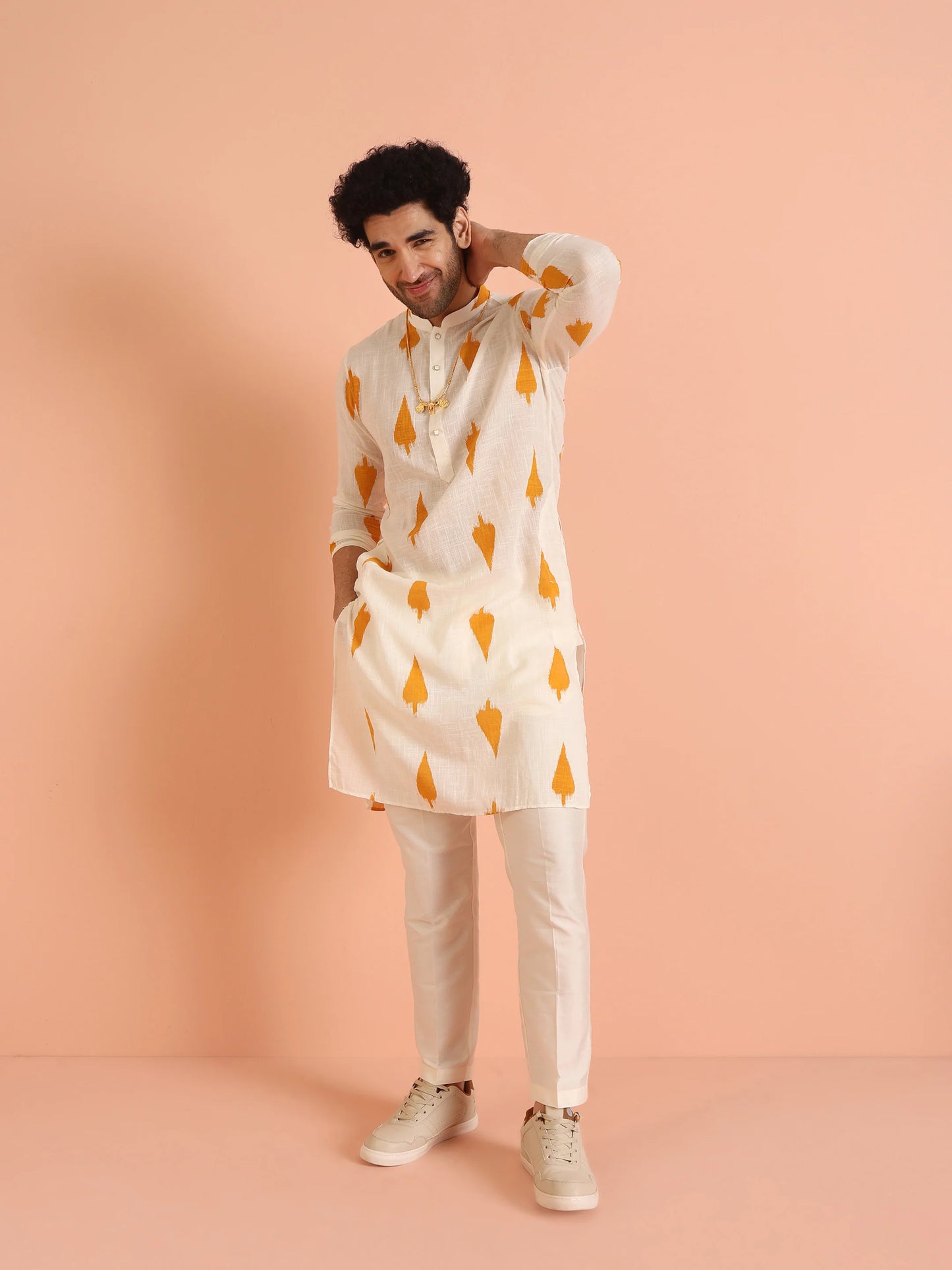 Men Yellow White Printed Haldi Kurta