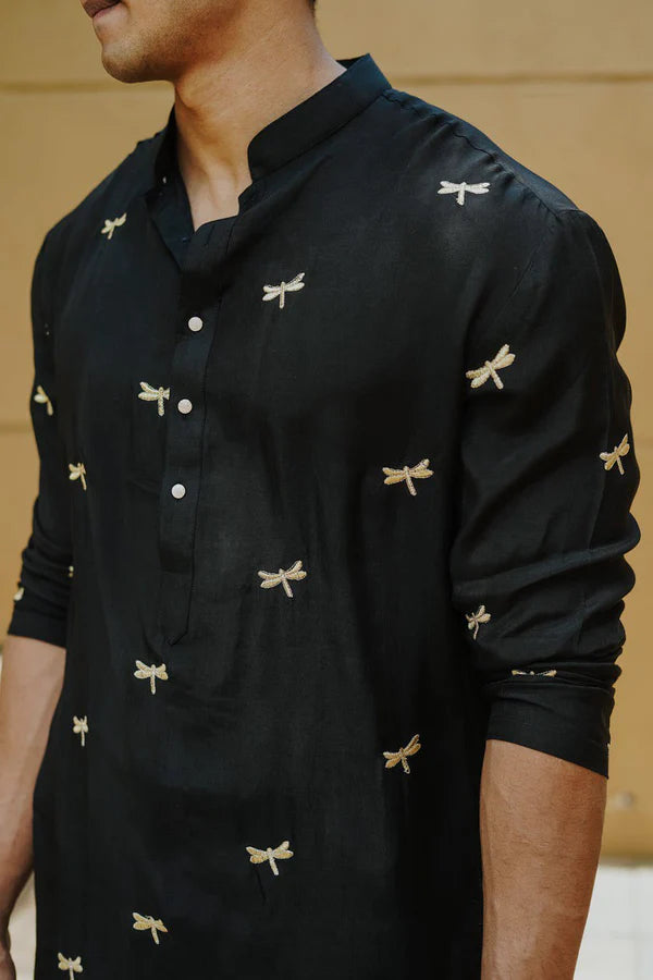 Black Dragonfly Embroidery Work Wedding Kurta For Men