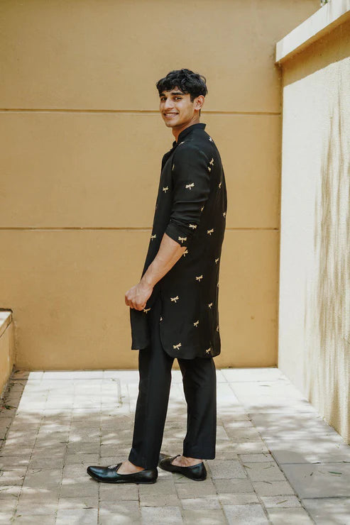 Black Dragonfly Embroidery Work Wedding Kurta For Men