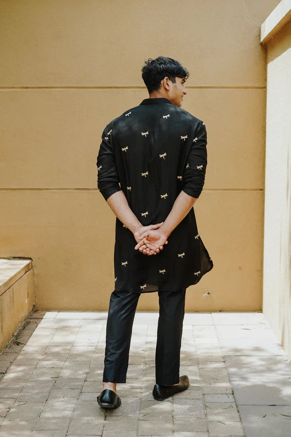 Black Dragonfly Embroidery Work Wedding Kurta For Men