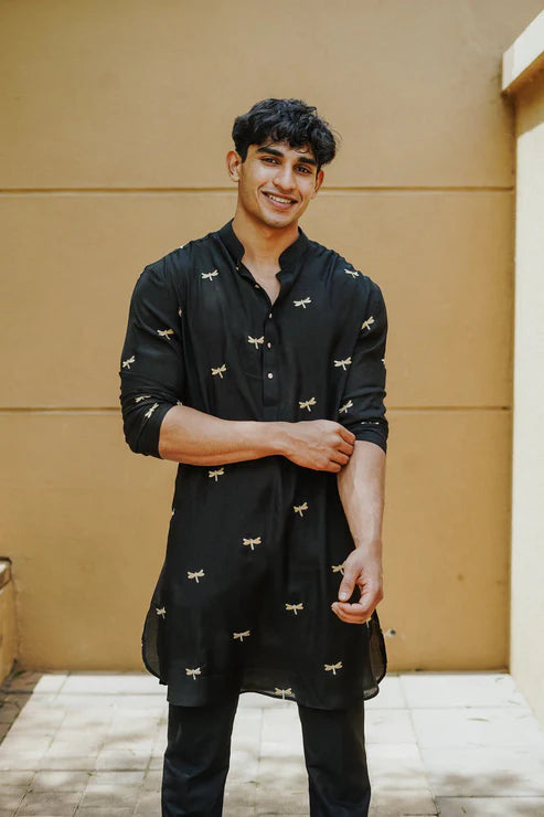 Black Dragonfly Embroidery Work Wedding Kurta For Men