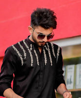 Black Leaf Embroidery Black Party Wear Kurta