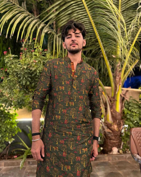 Green Silk Printed Festive Kurta